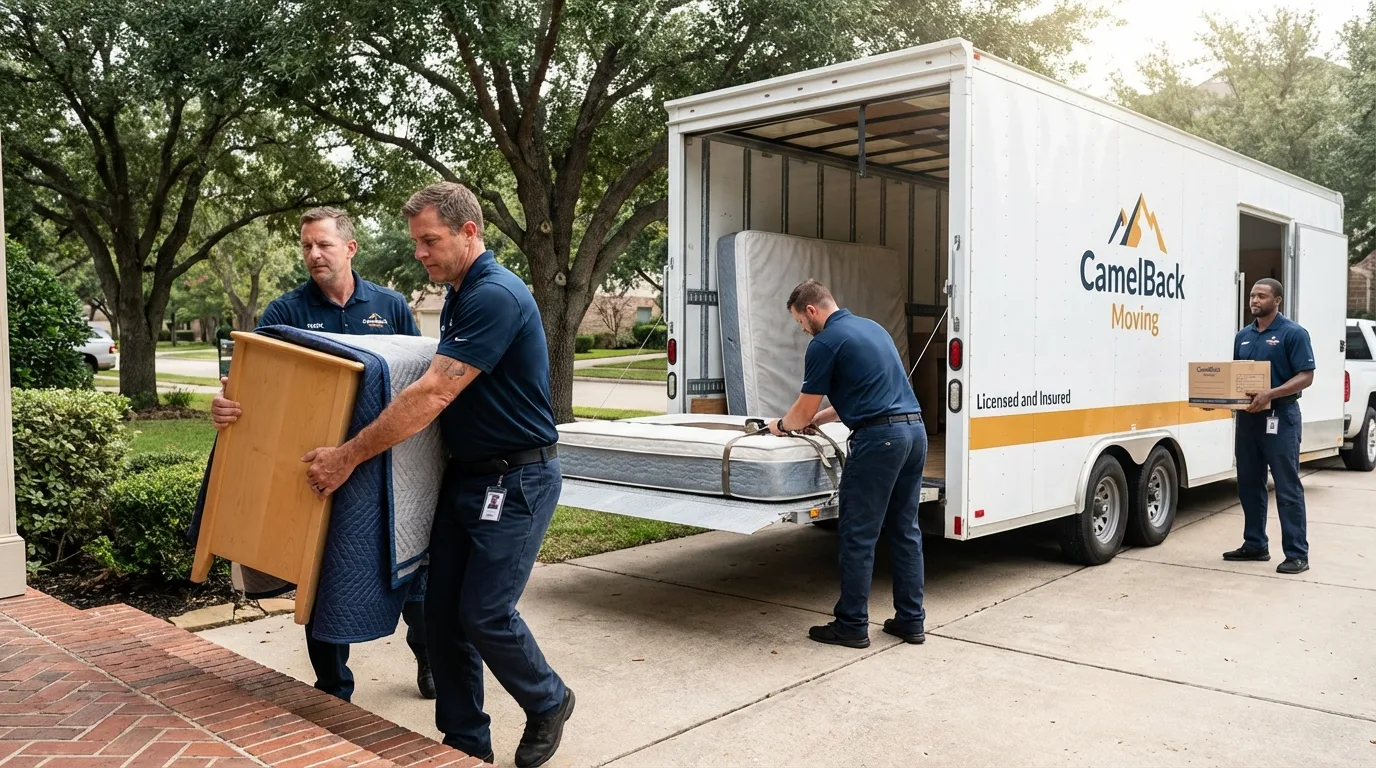 Crew loading residential truck for cross-state move from Cushing, OK