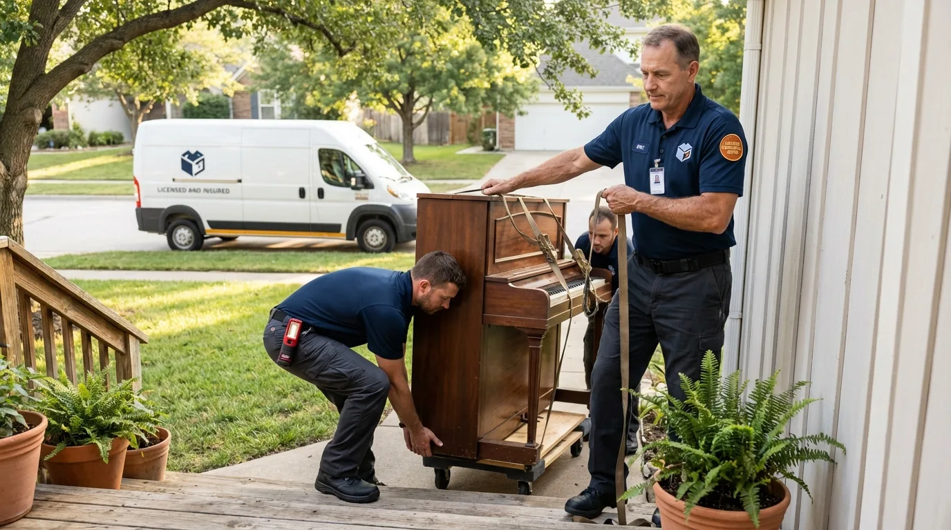 Licensed piano movers securing grand piano in Cushing, OK