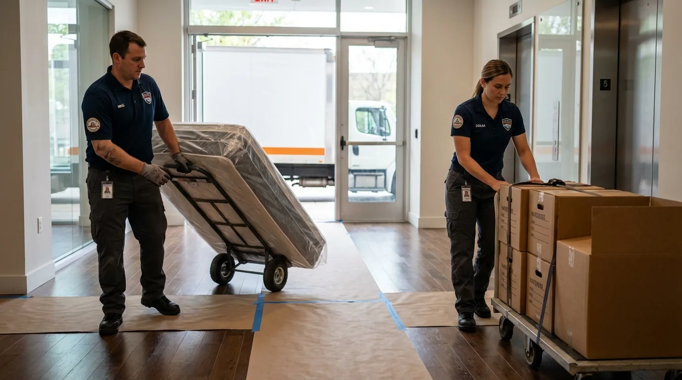 Professional apartment movers loading elevator in Cushing, OK