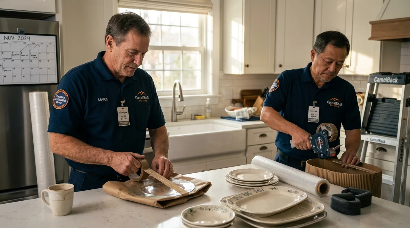 Professional crew packing kitchen dishware in Cushing, OK